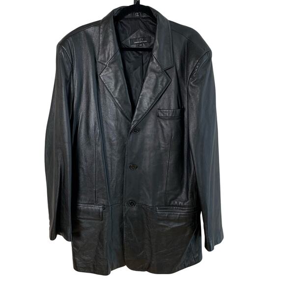 Jones New York City Mens 44L Black Leather Blazer Jacket 3-Button Classic Pocket - Picture 1 of 7